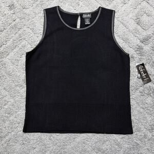 Rafaella XL Silk Sleeveless Black Knit Top Genuine Leather Trim NWT